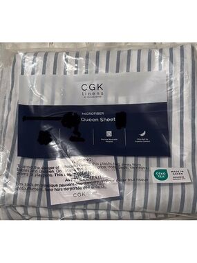 CGK Linens By CGK Unlimited Blue White Striped One Flat Queen Size Sheet